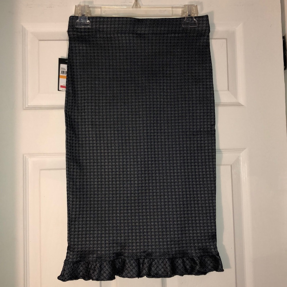 Navy blue and silver pencil skirt with ruffle trim